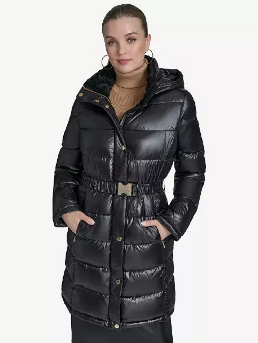 Halston Women's Hood & Belted Puffer Coat Size XS- NWOT Black
